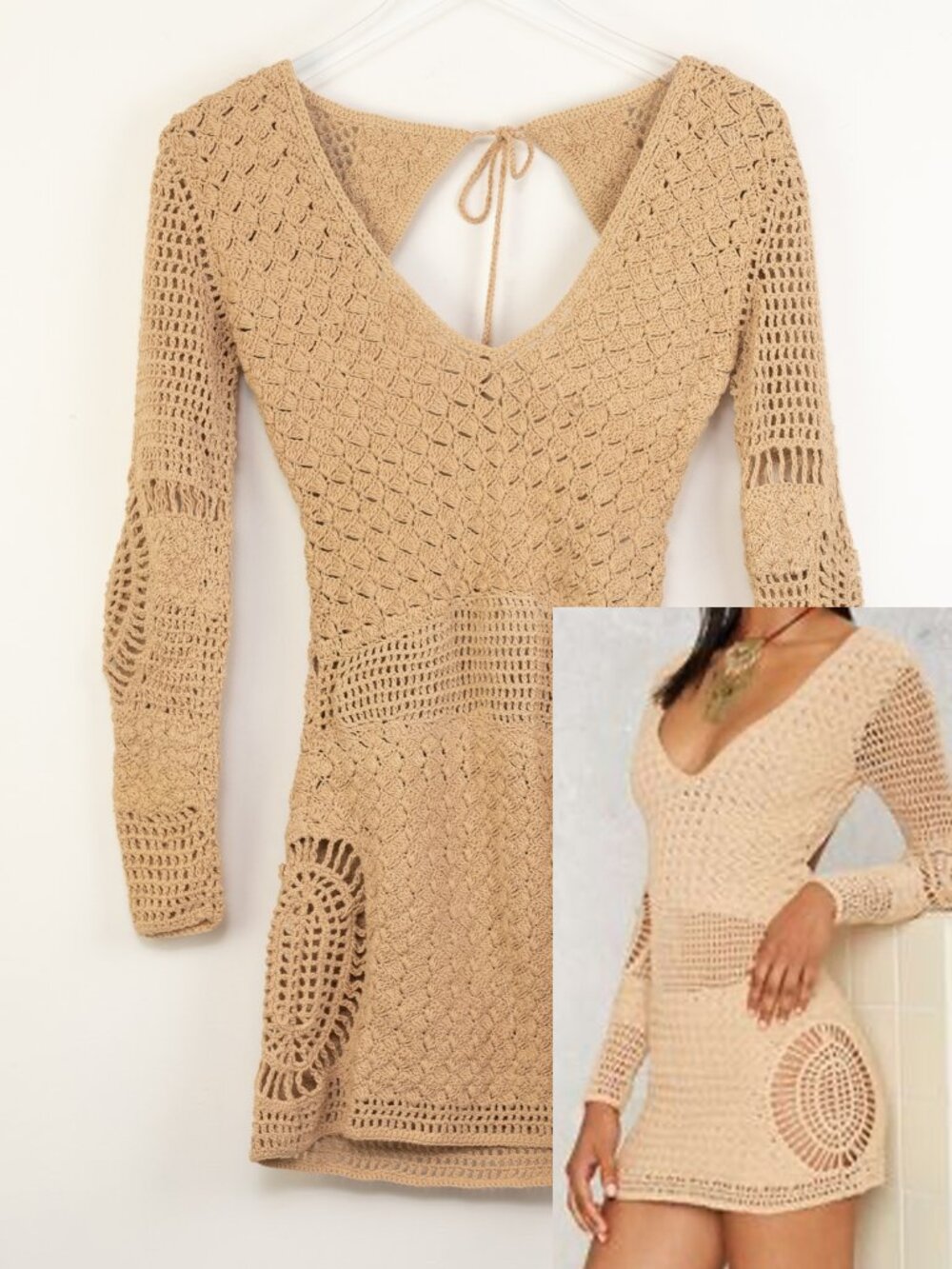 Flook The Label Crochet Cutout Mini Dress Festival Boho Beige Tan Size Small